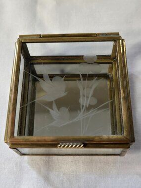 Etched Glass and Metal Trinket Box with mirror bottom